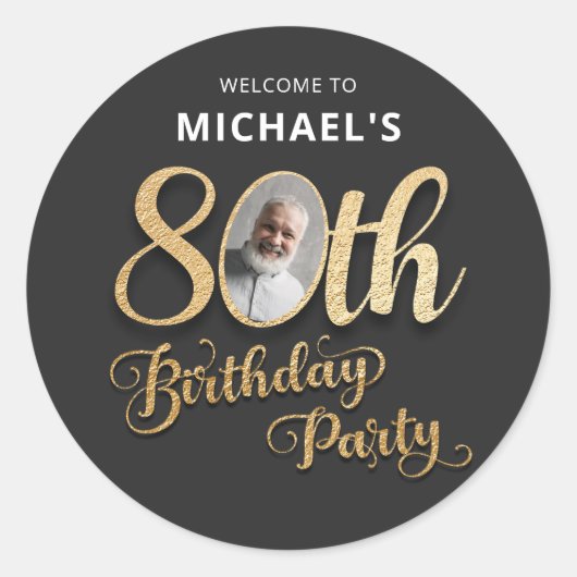 Black Gold Foil Custom Photo 80th Birthday  Ronde Sticker (Voorkant)