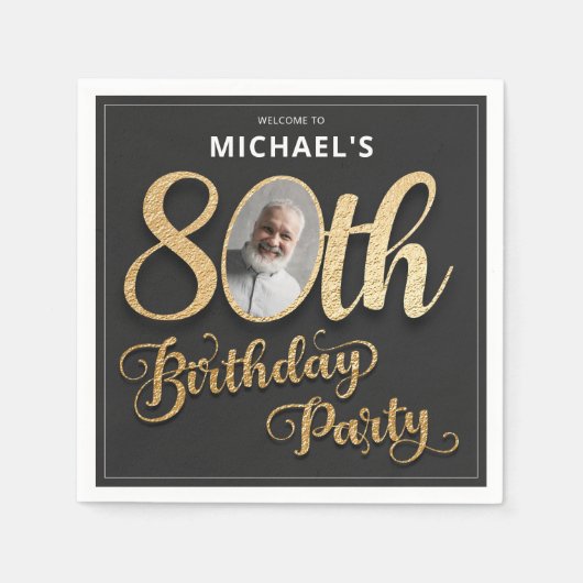 Black Gold Foil Custom Photo 80th Birthday  Servet (Voorkant)