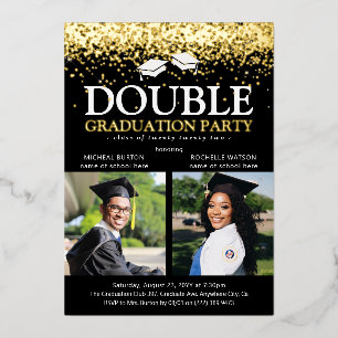 Black & Gold Foil Double Graduparty foto Folie Uitnodiging