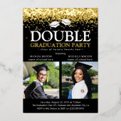 Black & Gold Foil Double Graduparty foto Folie Uitnodiging (Voorkant)