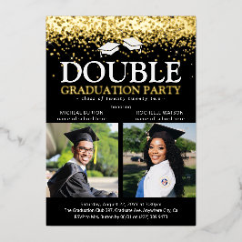 Black & Gold Foil Double Graduparty foto Folie Uitnodiging