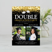 Black & Gold Foil Double Graduparty foto Folie Uitnodiging (Staand Voorkant)