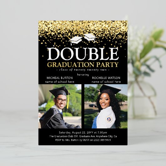 Black & Gold Foil Double Graduparty foto Folie Uitnodiging (Staand Voorkant)