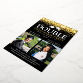 Black & Gold Foil Double Graduparty foto Folie Uitnodiging (Gedraaid)