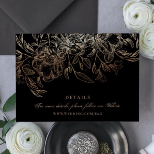 Black Gold Foil Floral Hand Drawn Elegant Wedding Informatiekaartje