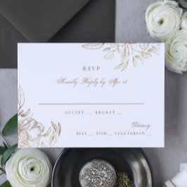 Black Gold Foil Floral Hand Drawn Elegant Wedding RSVP Kaartje