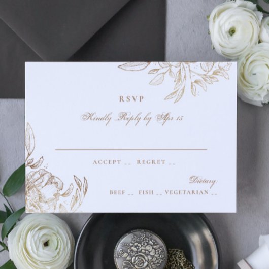 Black Gold Foil Floral Hand Drawn Elegant Wedding RSVP Kaartje