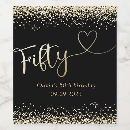 Black Gold Foil Glitter 50th Birthday Wijn Etiket (Enkel label)