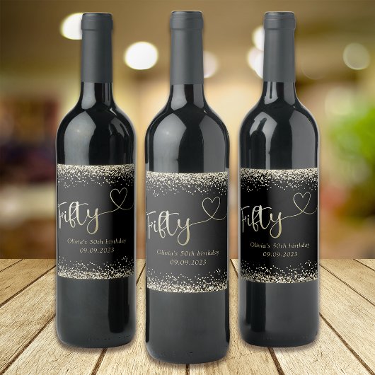 Black Gold Foil Glitter 50th Birthday Wijn Etiket