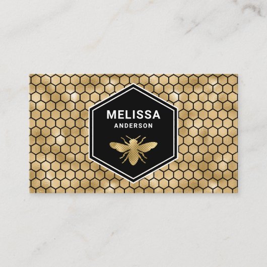 Black Gold Foil Hexagon Honeycomb Honey Bee Visitekaartje (Voorkant)