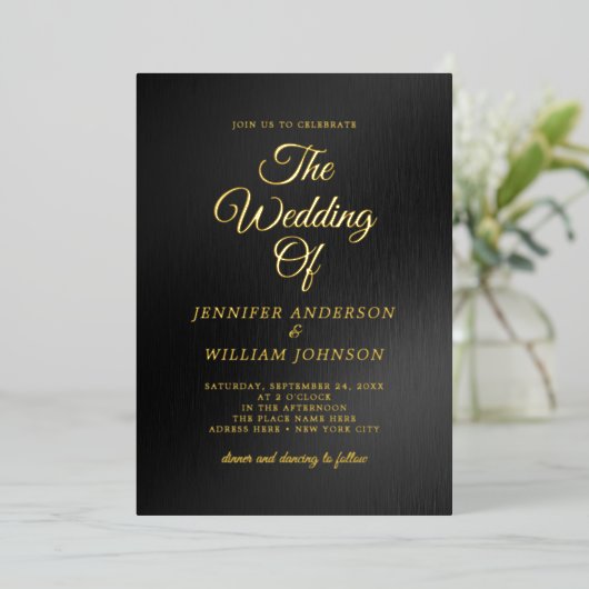 Black Gold Foil kalligrafie Simple Elegant Folie Uitnodiging (Staand Voorkant)