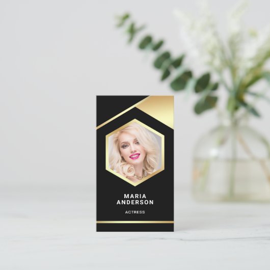 Black Gold Foil model Actress QR Code Foto Visitekaartje (Staand voorkant)