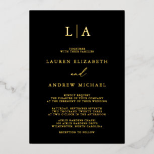 Black Gold Foil Monogram Minimalist Weddenschap Folie Uitnodiging