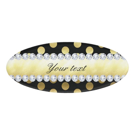 Black Gold Foil Polka Dots Diamonds Naambadge (Voorkant)