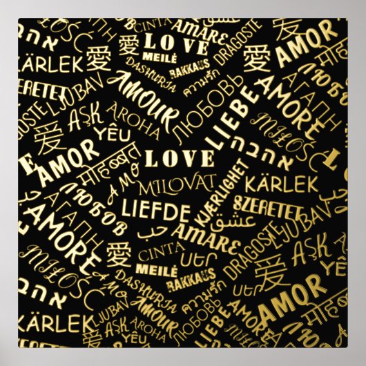 Black Gold Foil Prints Love Text Multi Language (Voorkant)