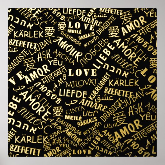Black Gold Foil Prints Love Word Multi Language (Voorkant)