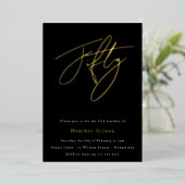 Black & Gold Foil Script 50th Birthday Party Folie Uitnodiging (Staand Voorkant)