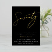 Black & Gold Foil Script 70th Birthday Party Folie Uitnodiging (Staand Voorkant)