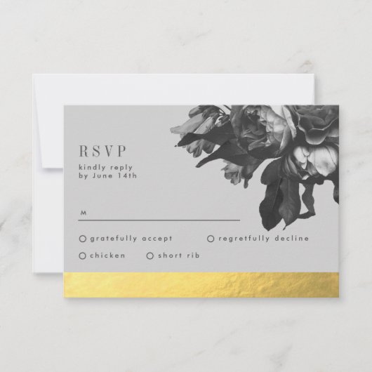 Black Gold Foil Stripe Rose Bouquet Wedding RSVP Kaartje (Voorkant)