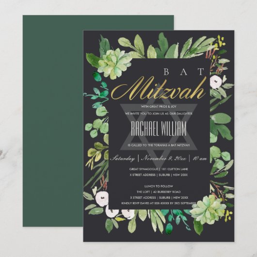 BLACK GOLD FOLIAGE LIJST STAR BAR BAT MITZVAH KAART (Voorkant / Achterkant)