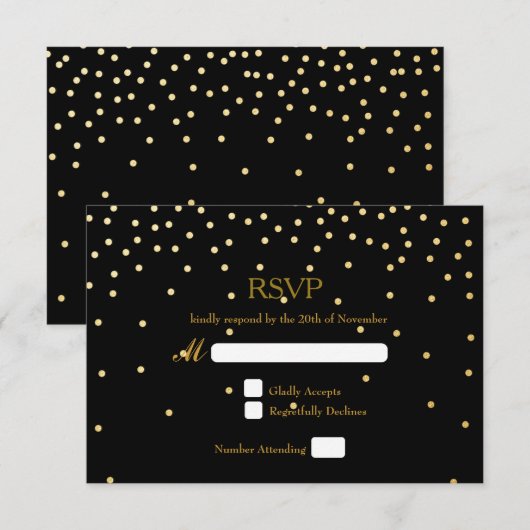 Black & Gold Folie Confetti Stippen bruiloft RSVP  (Voorkant / Achterkant)