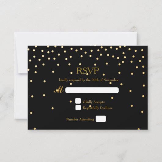 Black & Gold Folie Confetti Stippen bruiloft RSVP  Kaartje (Voorkant)