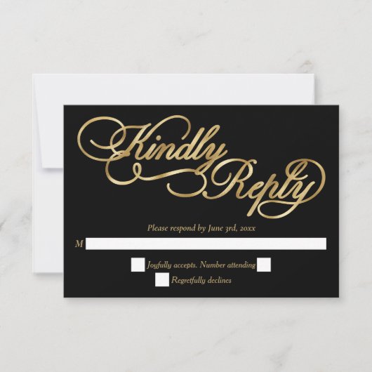 Black & Gold Folie Kalligrafie Formele Huwelijk RS RSVP Kaartje (Voorkant)