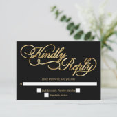 Black & Gold Folie Kalligrafie Formele Huwelijk RS RSVP Kaartje (Staand voorkant)