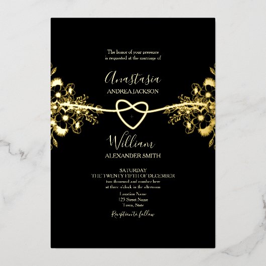 Black Gold Folie Rope Heart Wedding Uitnodigen Folie Uitnodiging (Voorkant)