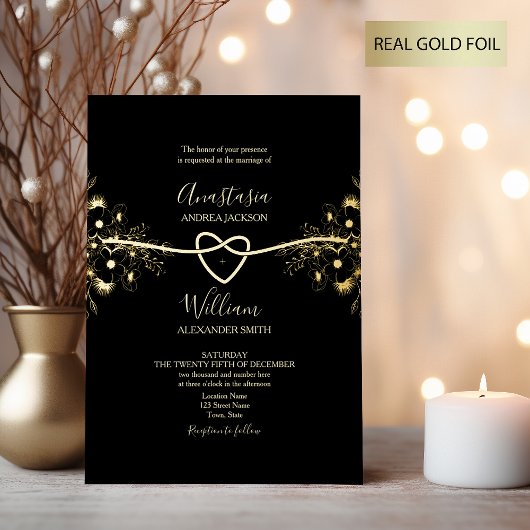 Black Gold Folie Rope Heart Wedding Uitnodigen Folie Uitnodiging