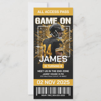 Black & Gold Football Ticket Birthday Invitation Kaart