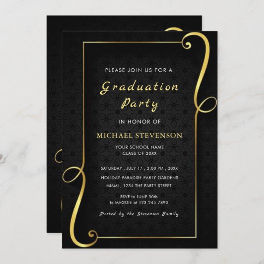 Black Gold Framed Afstuderen Invitation Sjabloon (Voorkant / Achterkant)