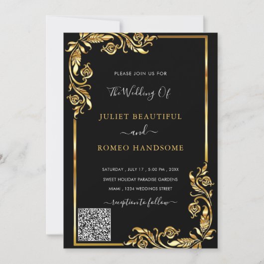 Black Gold Framed Wedding-uitnodiging met QR-code (Voorkant)