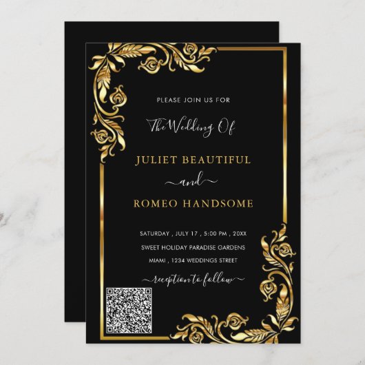 Black Gold Framed Wedding-uitnodiging met QR-code (Voorkant / Achterkant)