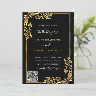 Black Gold Framed Wedding-uitnodiging met QR-code