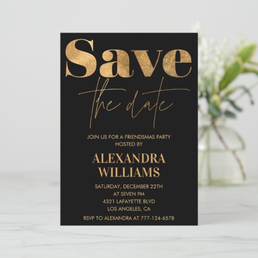 Black Gold Friendsmas uitnodigingen Sla de datum o (Staand voorkant)