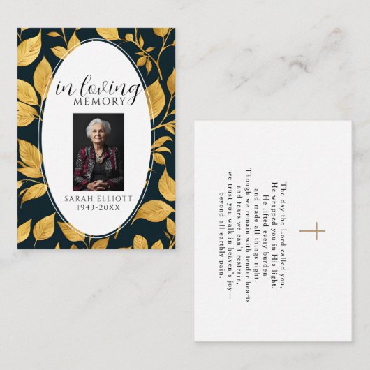 Black & Gold Funeral Memorial Prayer Photo Card Visitekaartje (Voorkant / Achterkant)