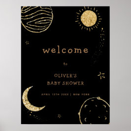 Black Gold Galaxy Outer Space Baby shower Welkom Poster