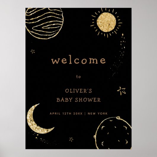 Black Gold Galaxy Outer Space Baby shower Welkom Poster (Voorkant)