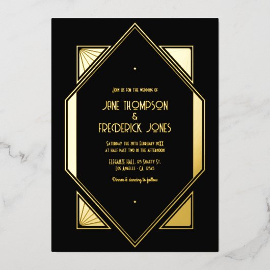 Black & Gold Gatsby Art Deco Wedding Folie Uitnodiging (Voorkant)