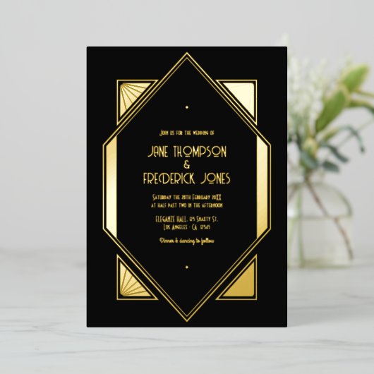 Black & Gold Gatsby Art Deco Wedding Folie Uitnodiging (Staand Voorkant)