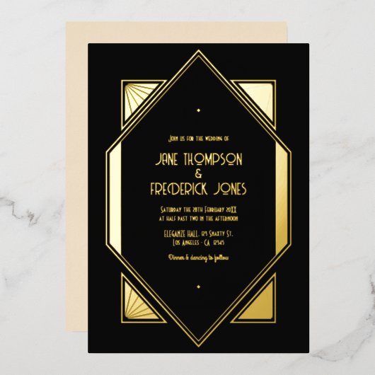 Black & Gold Gatsby Art Deco Wedding Folie Uitnodiging (Voorkant / Achterkant)