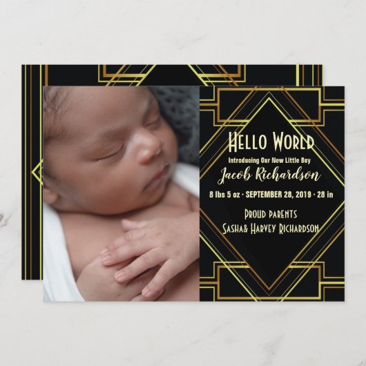 Black Gold Gatsby Baby Boy Geboorteaankondiging Aankondiging (Voorkant / Achterkant)