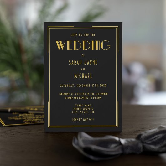 Black Gold Gatsby Deco Style Wedding-uitnodigingen Kaart