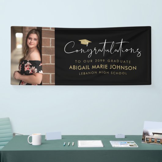 Black & Gold Gefeliciteerd Foto Afstuderen Spandoek (Beurs)