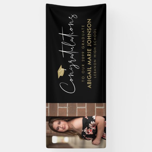 Black & Gold Gefeliciteerd Foto Afstuderen Spandoek (Verticaal)