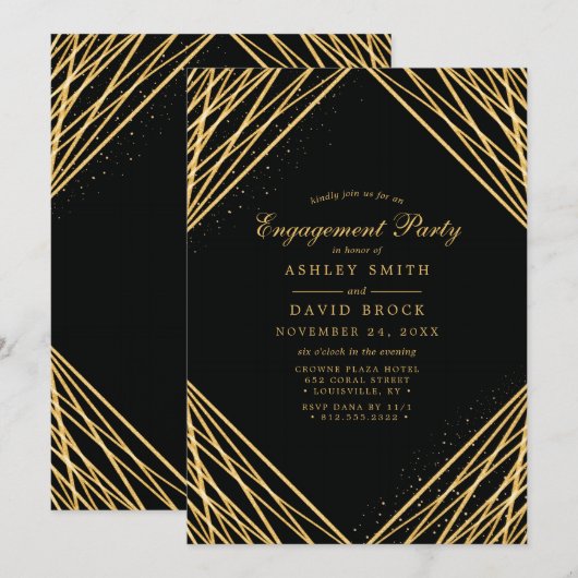 Black Gold Geometric Abstract Engagement Party Kaart (Voorkant / Achterkant)