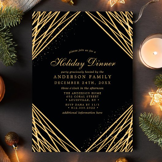 Black Gold Geometric Abstract Lines Holiday Dinner Kaart