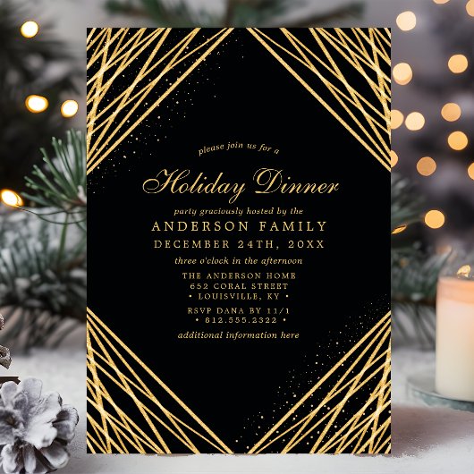 Black Gold Geometric Abstract Lines Holiday Dinner Kaart