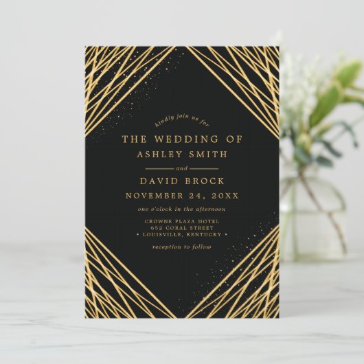 Black Gold Geometric Abstract Lines Wedding Kaart (Staand voorkant)